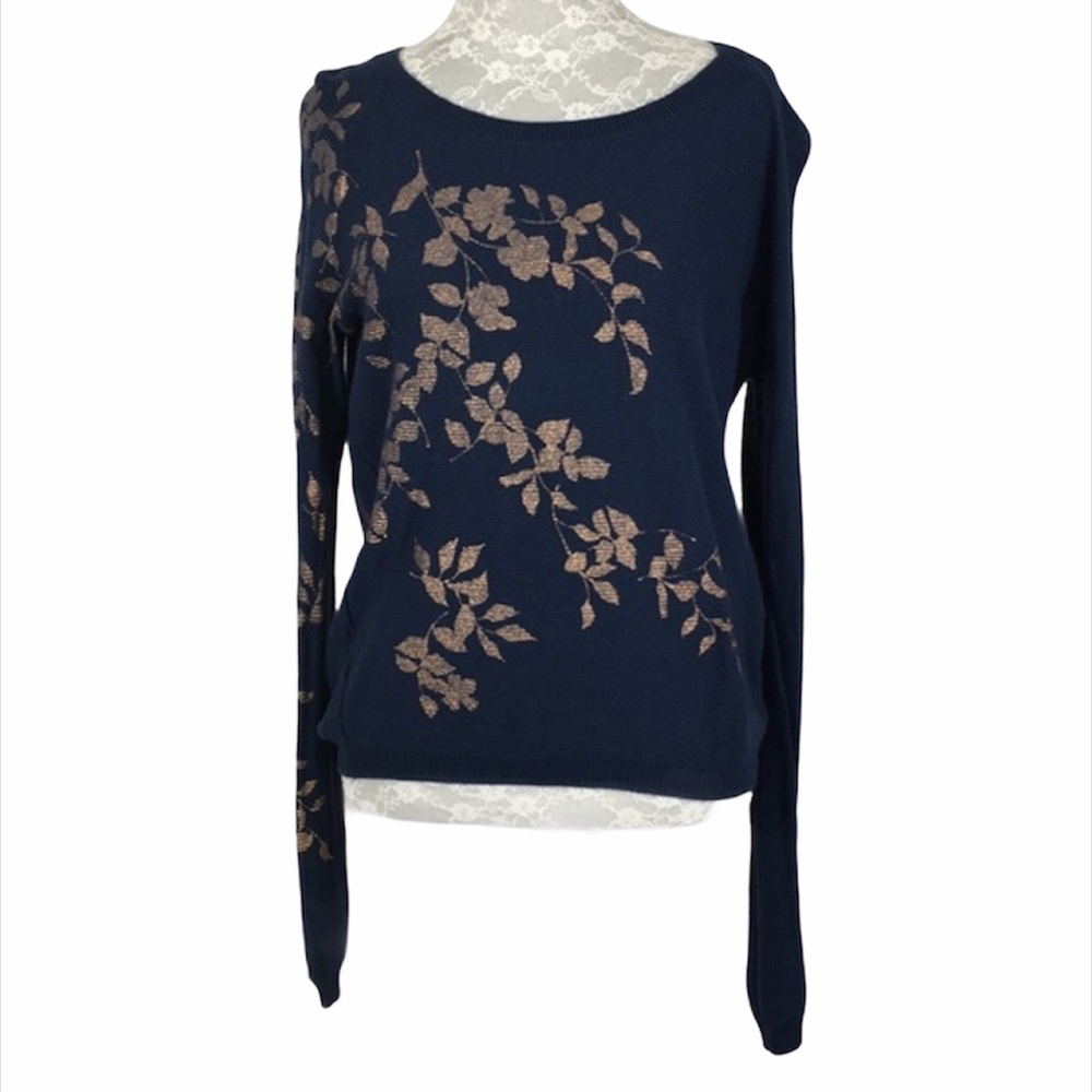 Anthro Knitted Knotted Navy Floral Print Sweater